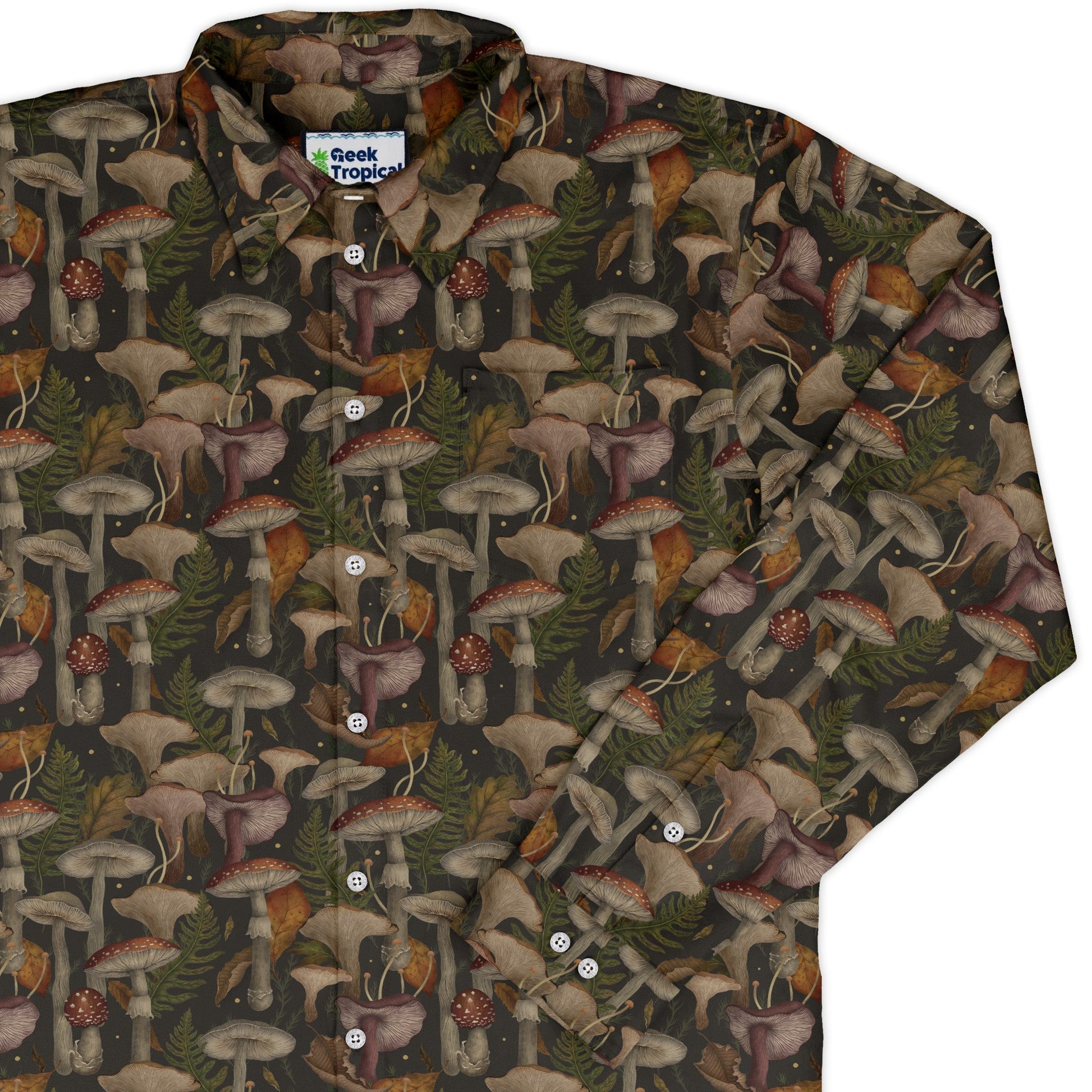 Episodic Autumn Mushroom Collage Long Sleeve Button Up Shirt Geek Nerd adult sizing Botany Print Design by Episodic
