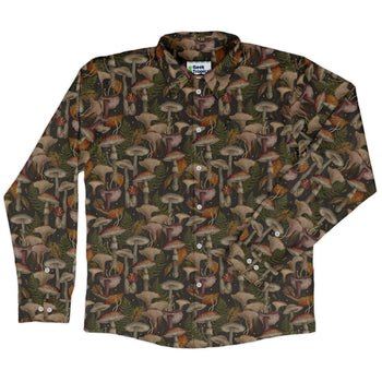 Episodic Autumn Mushroom Collage Long Sleeve Button Up Shirt Geek Nerd adult sizing Botany Print Design by Episodic