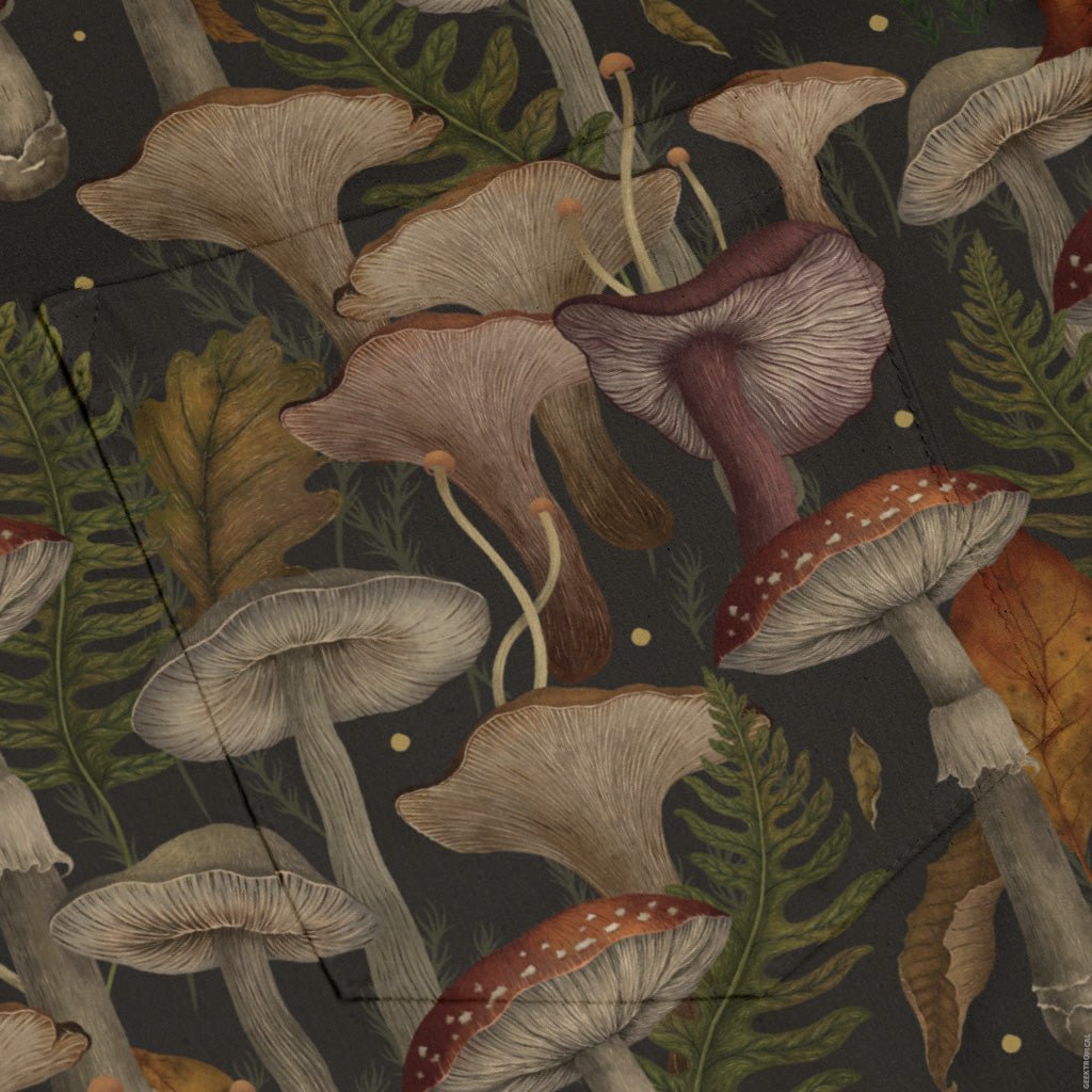 Episodic Autumn Mushroom Collage Long Sleeve Button Up Shirt Geek Nerd adult sizing Botany Print Design by Episodic