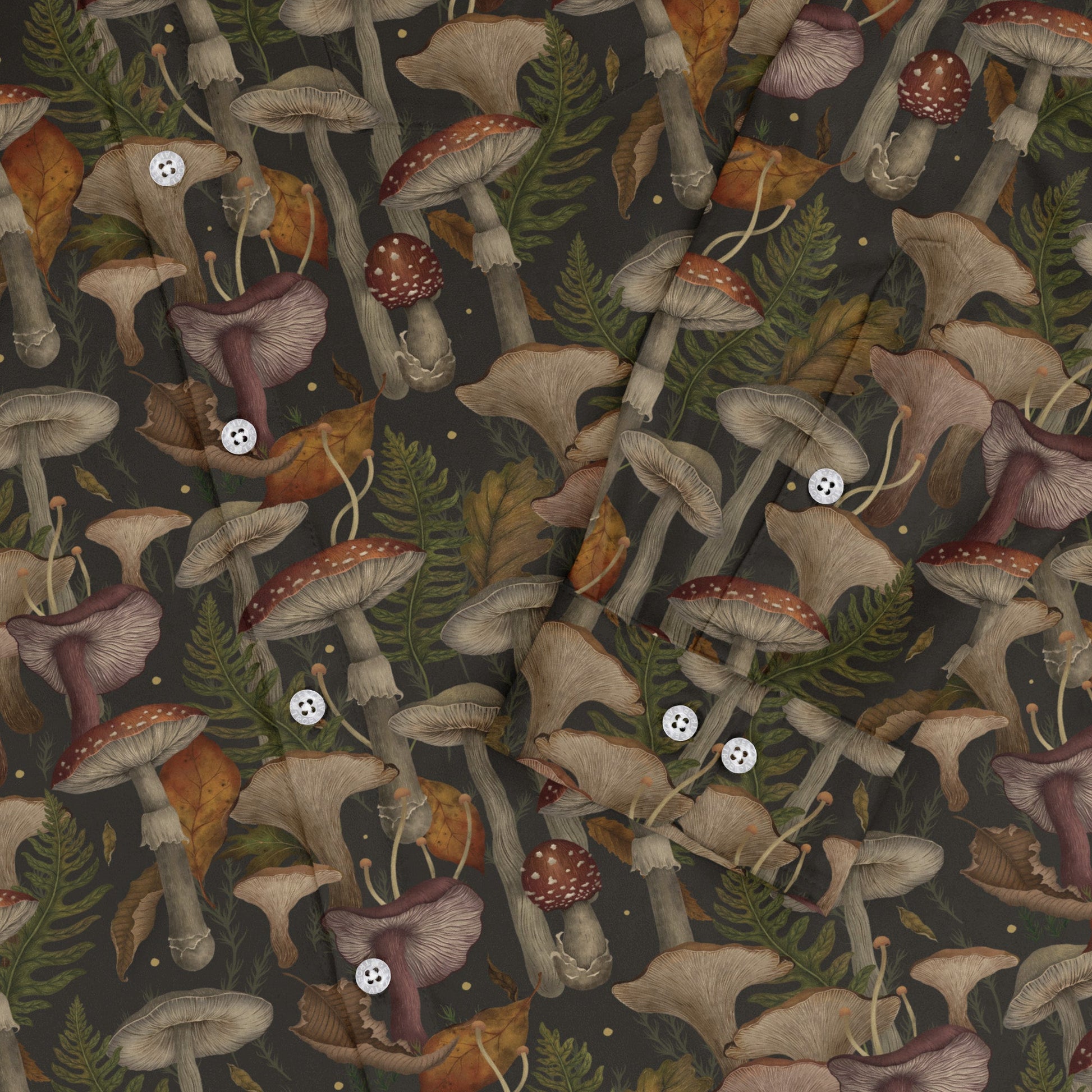 Episodic Autumn Mushroom Collage Long Sleeve Button Up Shirt Geek Nerd adult sizing Botany Print Design by Episodic