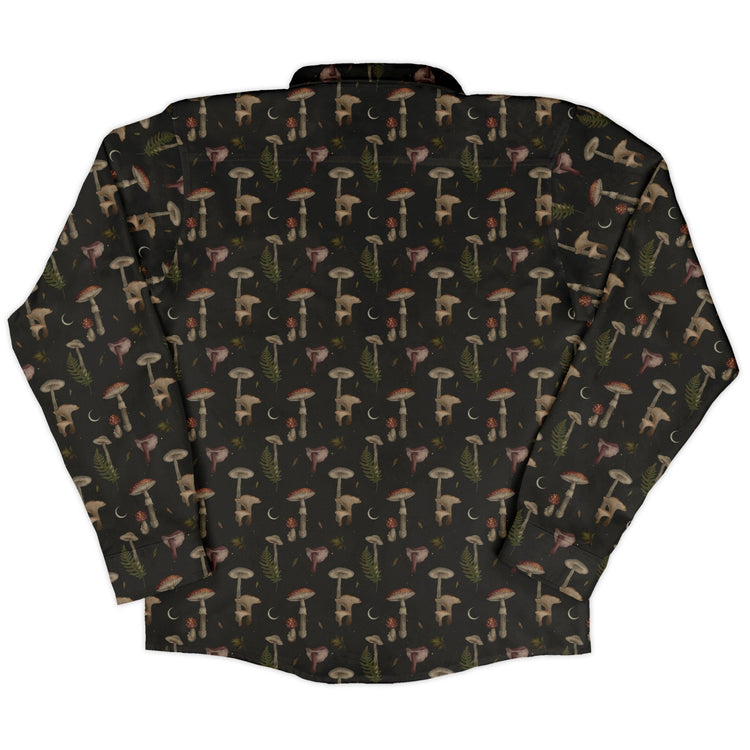 Episodic Autumn Mushrooms Space Long Sleeve Button Up Shirt Geek Nerd adult sizing Botany Print Design by Episodic