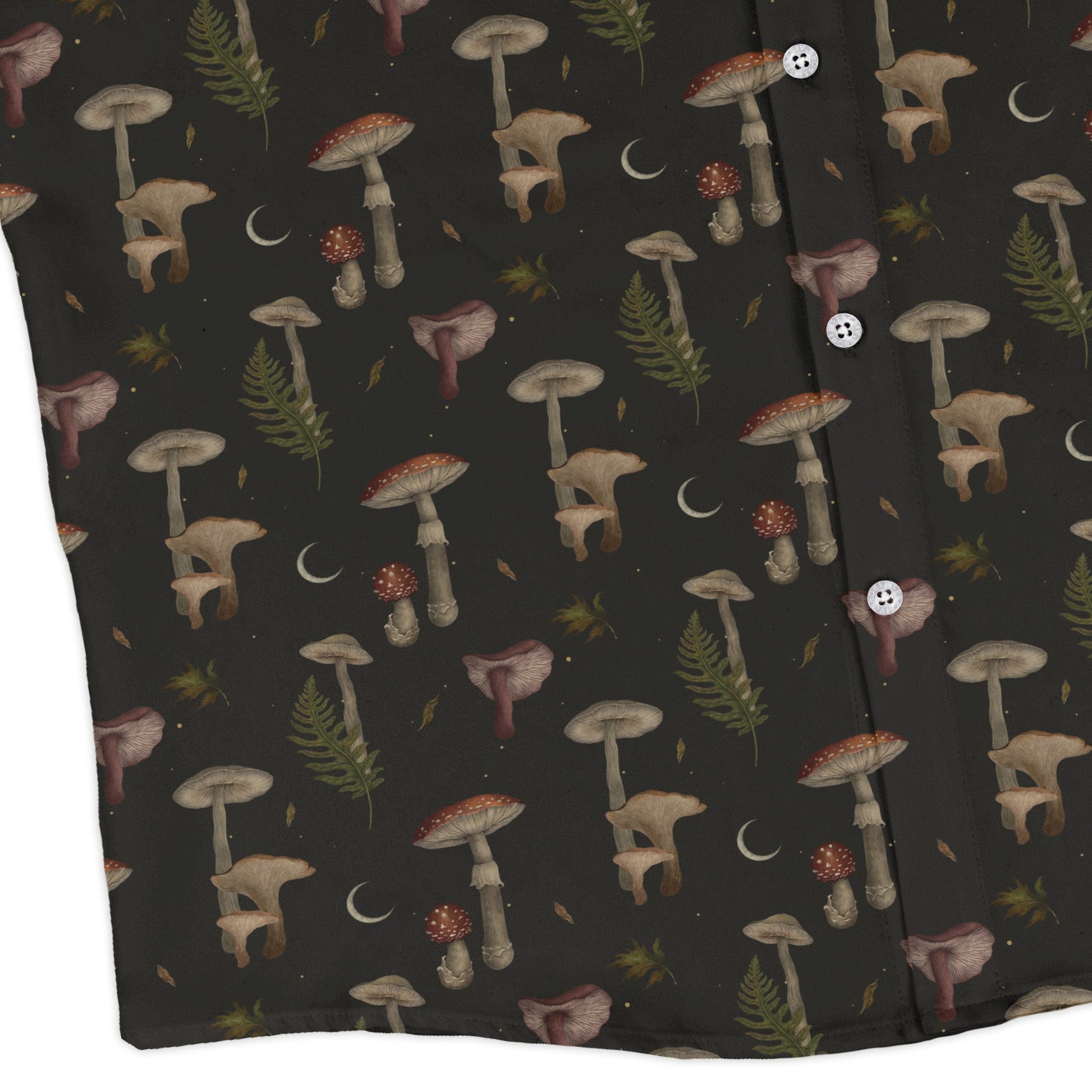 Episodic Autumn Mushrooms Space Long Sleeve Button Up Shirt Geek Nerd adult sizing Botany Print Design by Episodic