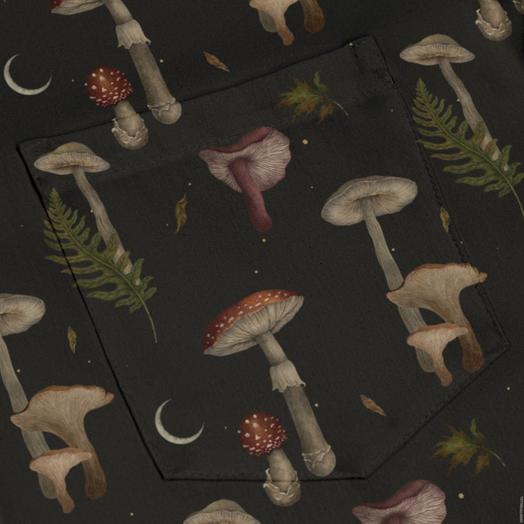 Episodic Autumn Mushrooms Space Long Sleeve Button Up Shirt Geek Nerd adult sizing Botany Print Design by Episodic