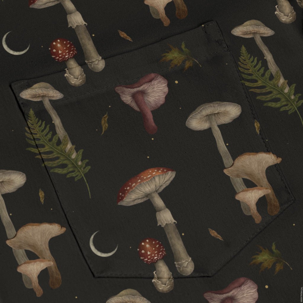 Episodic Autumn Mushrooms Space Long Sleeve Button Up Shirt Geek Nerd adult sizing Botany Print Design by Episodic