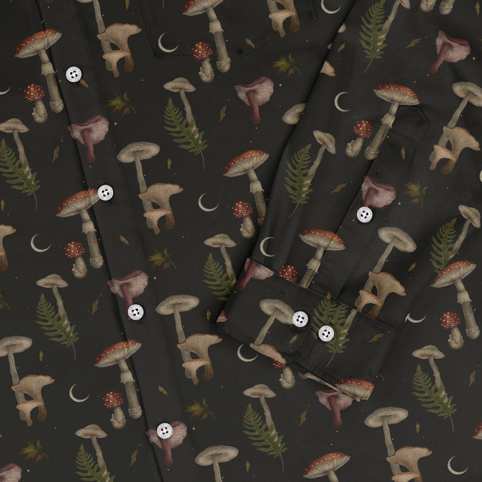 Episodic Autumn Mushrooms Space Long Sleeve Button Up Shirt Geek Nerd adult sizing Botany Print Design by Episodic