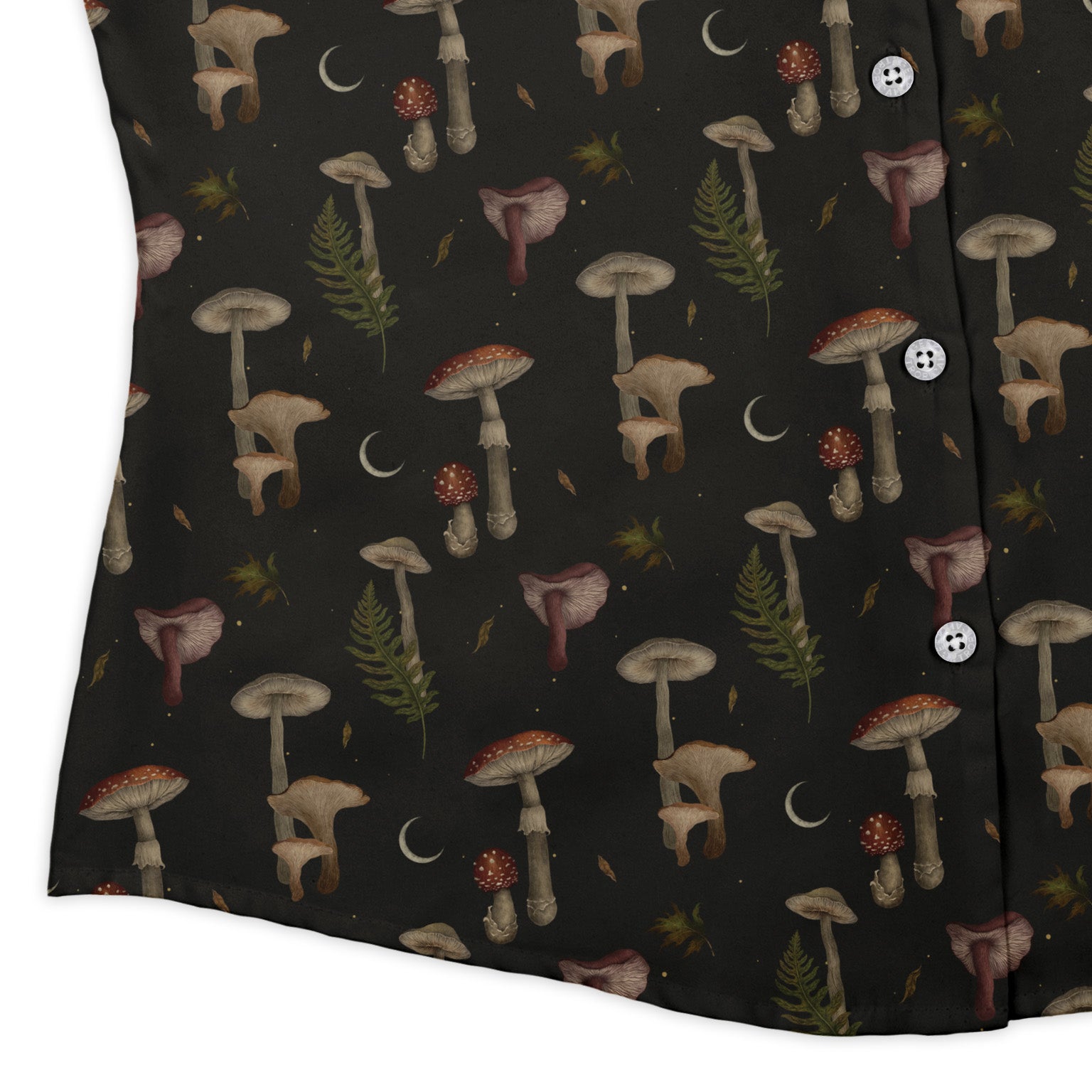 Episodic Autumn Mushrooms Space Curvy Button Up Shirt Geek Nerd Botany Print Design by Episodic women