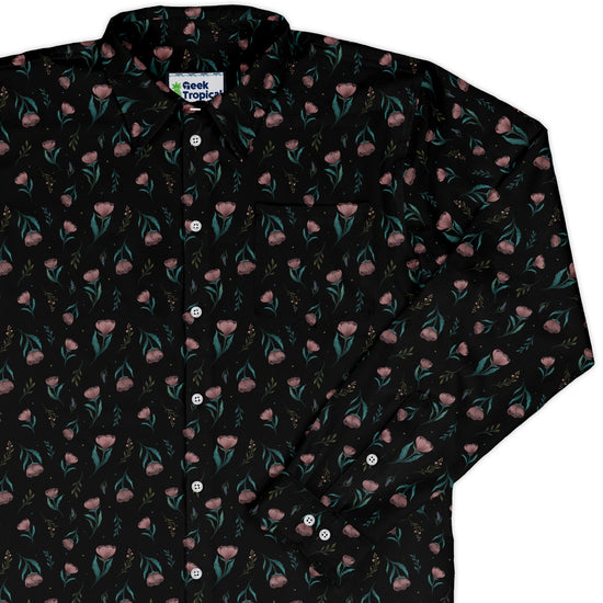 Episodic Blooms Long Sleeve Button Up Shirt Geek Nerd adult sizing Botany Print Design by Episodic