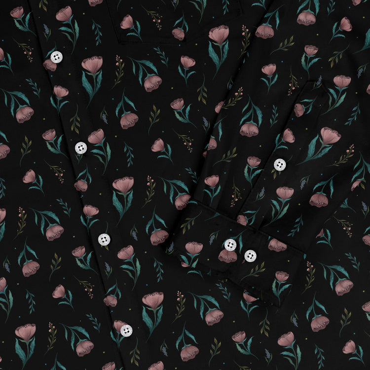 Episodic Blooms Long Sleeve Button Up Shirt Geek Nerd adult sizing Botany Print Design by Episodic