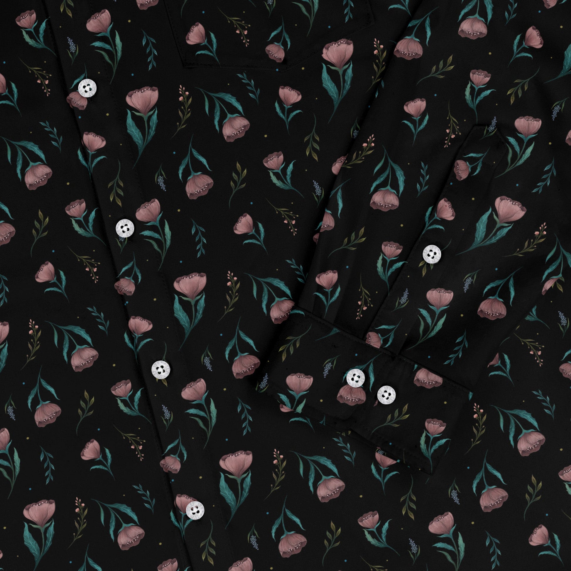 Episodic Blooms Long Sleeve Button Up Shirt Geek Nerd adult sizing Botany Print Design by Episodic