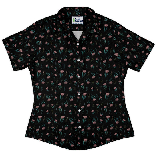 Episodic Blooms Curvy Button Up Shirt Geek Nerd Botany Print Design by Episodic women