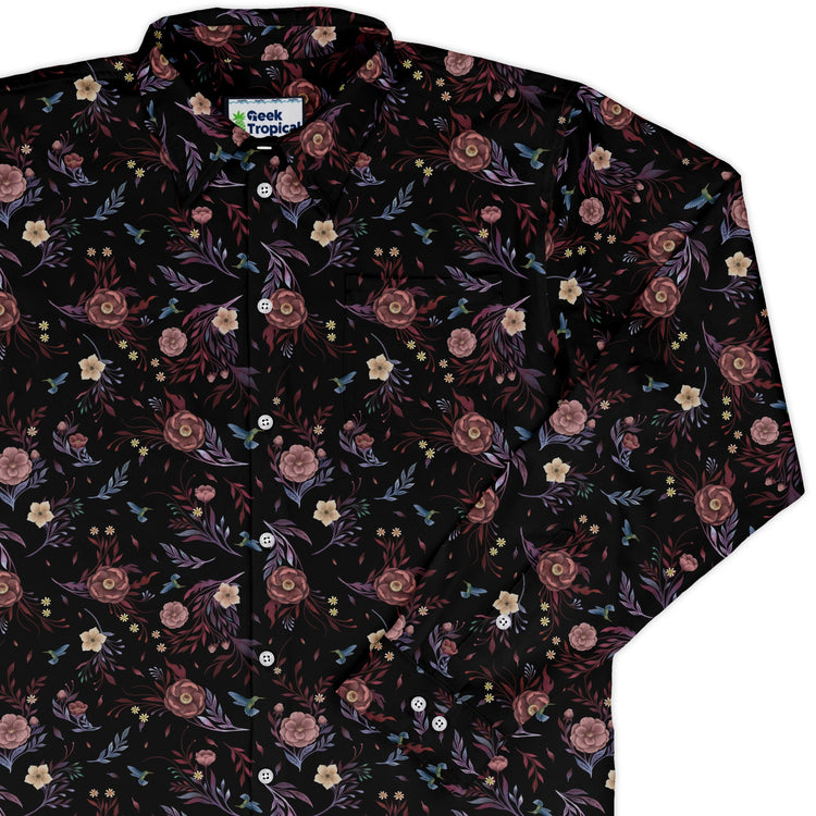 Episodic Camellia Bloom Long Sleeve Button Up Shirt Geek Nerd adult sizing Botany Print Design by Episodic