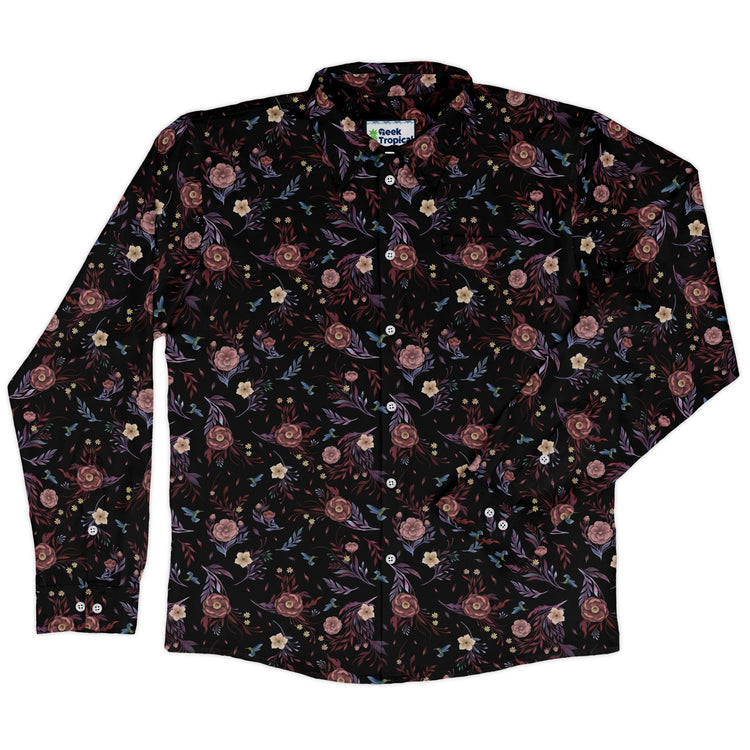 Episodic Camellia Bloom Long Sleeve Button Up Shirt Geek Nerd adult sizing Botany Print Design by Episodic