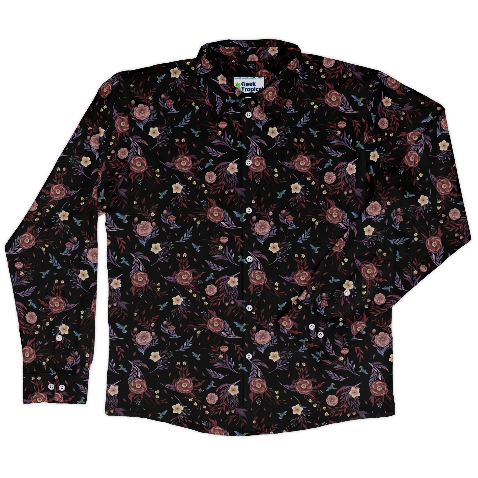 Episodic Camellia Bloom Long Sleeve Button Up Shirt Geek Nerd adult sizing Botany Print Design by Episodic