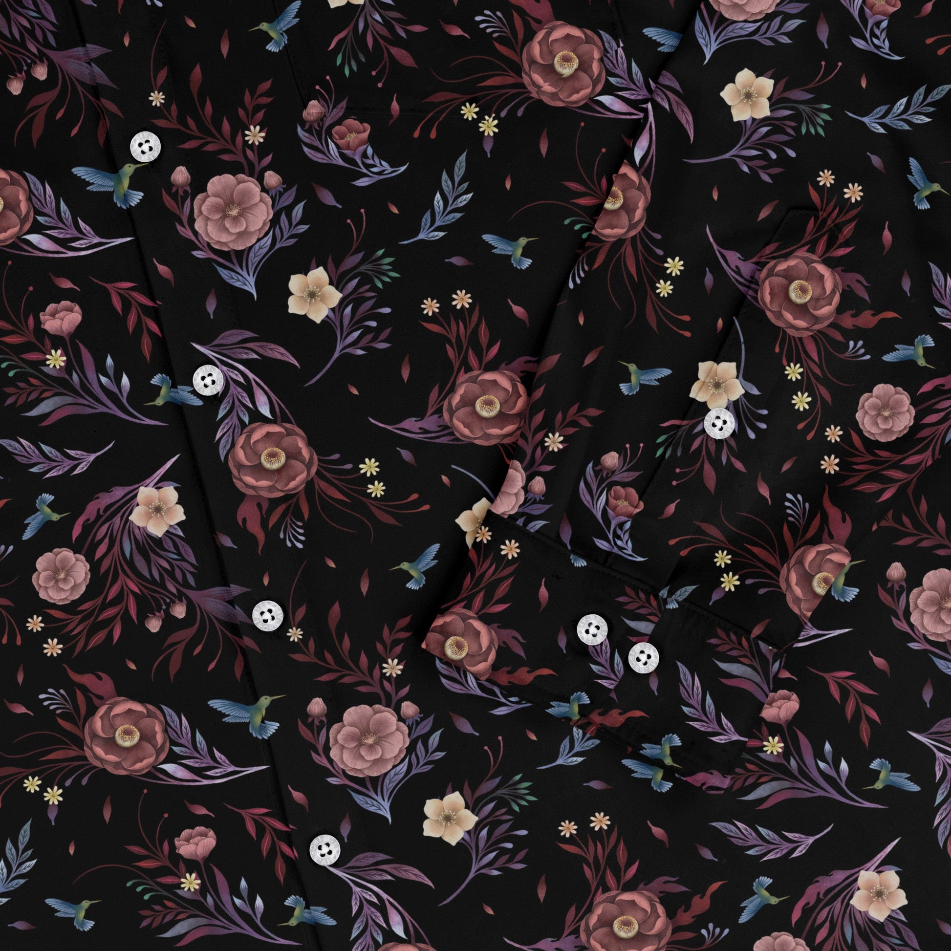 Episodic Camellia Bloom Long Sleeve Button Up Shirt Geek Nerd adult sizing Botany Print Design by Episodic