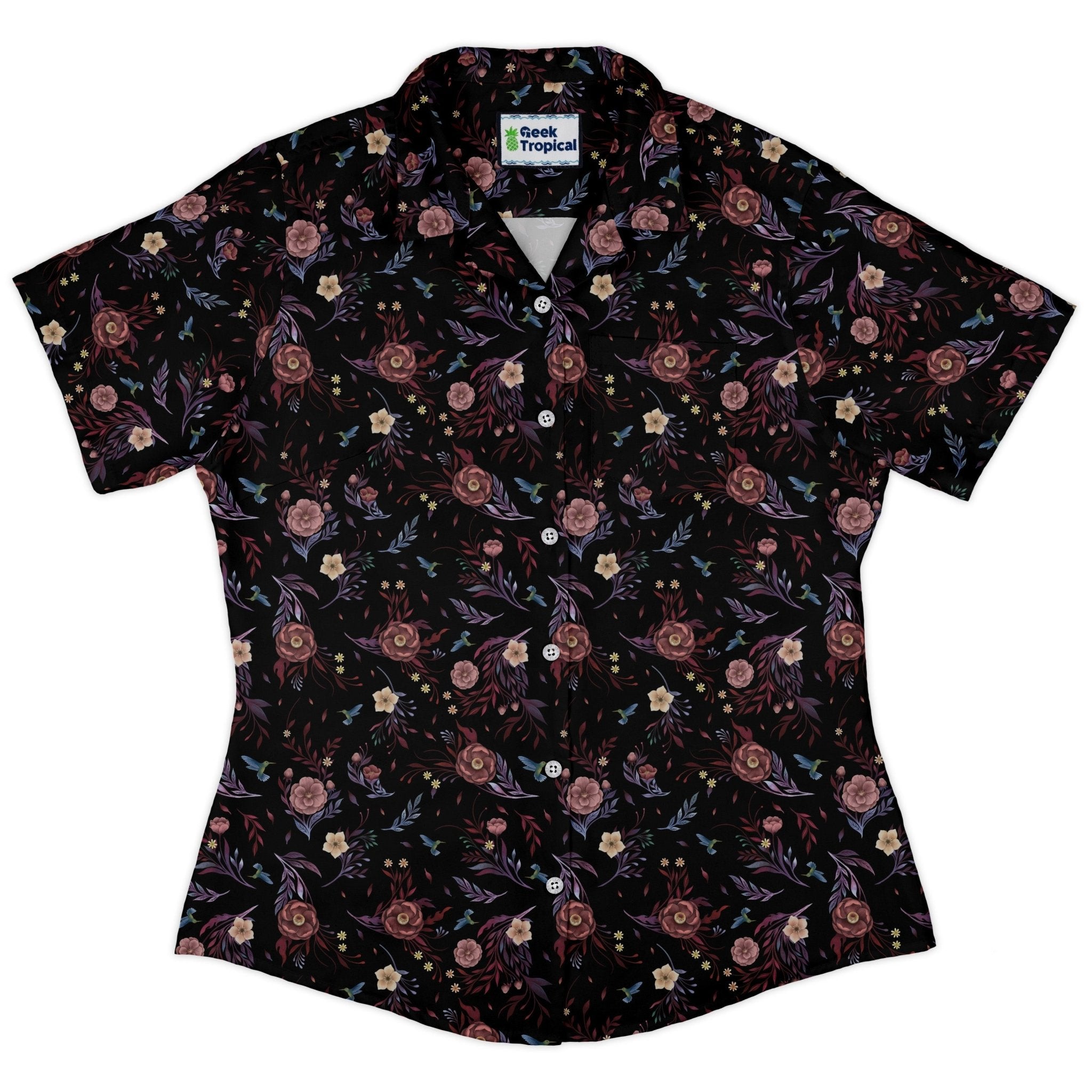 Episodic Camellia Bloom Curvy Button Up Shirt Geek Nerd Botany Print Design by Episodic women