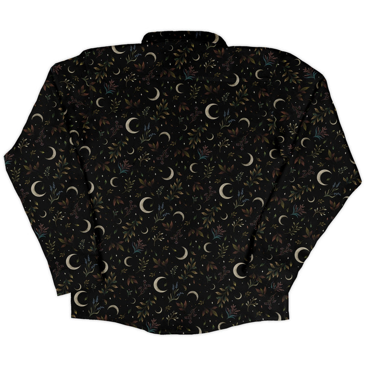 Episodic Crescent Moon Garden Long Sleeve Button Up Shirt Geek Nerd adult sizing Botany Print Design by Episodic