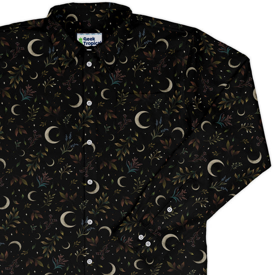 Episodic Crescent Moon Garden Long Sleeve Button Up Shirt Geek Nerd adult sizing Botany Print Design by Episodic