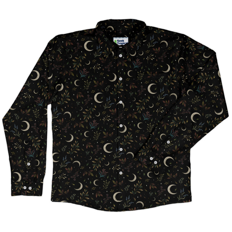 Episodic Crescent Moon Garden Long Sleeve Button Up Shirt Geek Nerd adult sizing Botany Print Design by Episodic