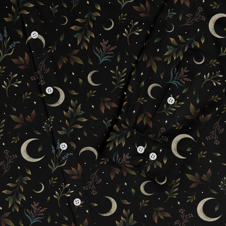 Episodic Crescent Moon Garden Long Sleeve Button Up Shirt Geek Nerd adult sizing Botany Print Design by Episodic