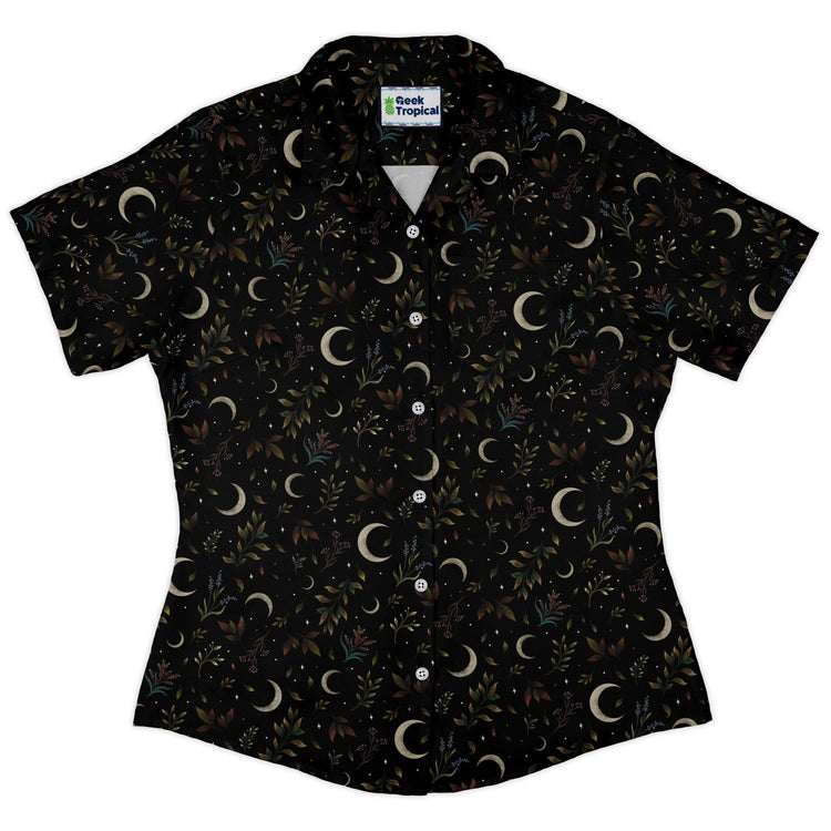 Clearance Ready - to - Ship Episodic Crescent Moon Garden Curvy Button Up Shirt Geek Nerd All Adult Button Up Shirts Botany Print Clearance