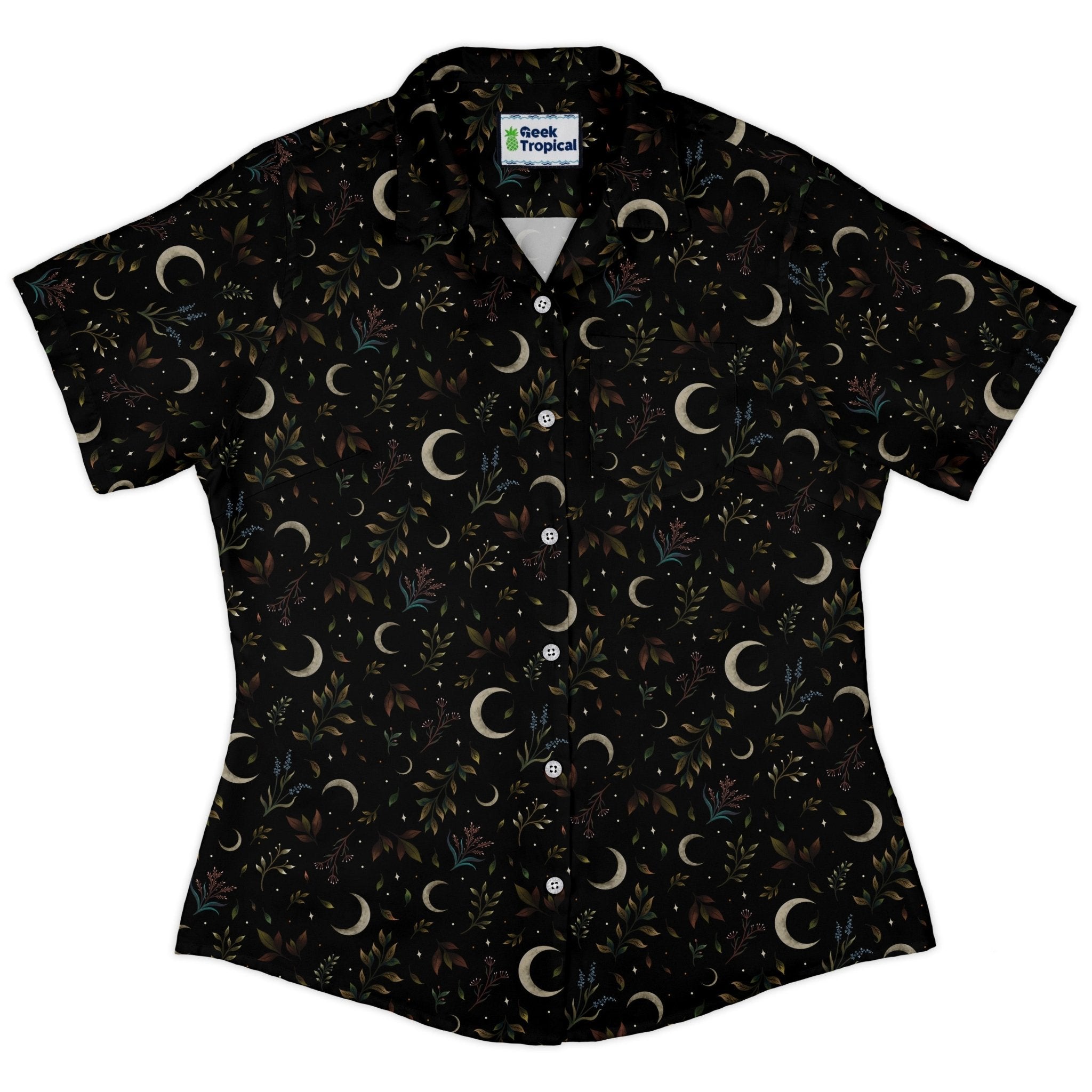 Episodic Crescent Moon Garden Curvy Button Up Shirt Geek Nerd Botany Print Design by Episodic outer space & astronaut print