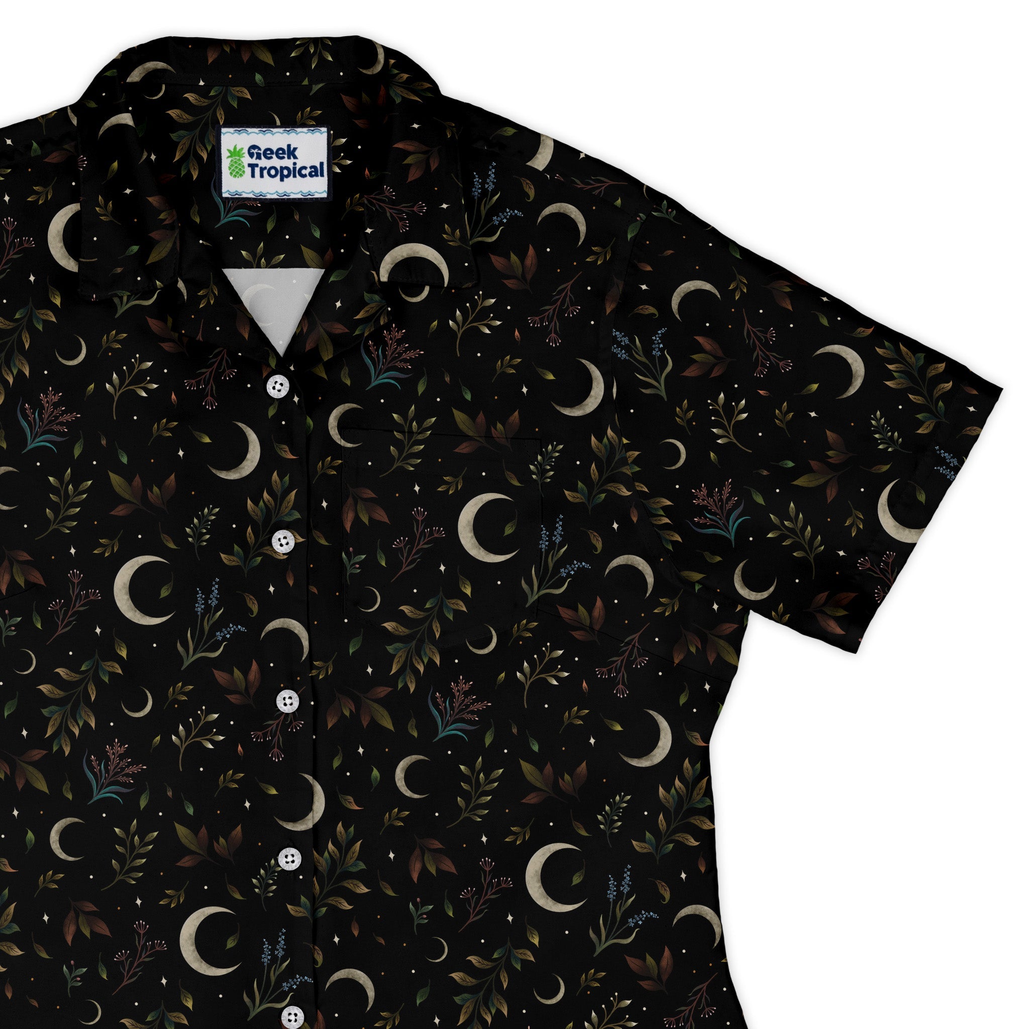 Episodic Crescent Moon Garden Curvy Button Up Shirt Geek Nerd Botany Print Design by Episodic outer space & astronaut print