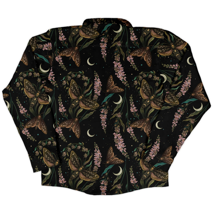 Episodic Death Moth Flow Long Sleeve Button Up Shirt Geek Nerd adult sizing Botany Print Design by Episodic