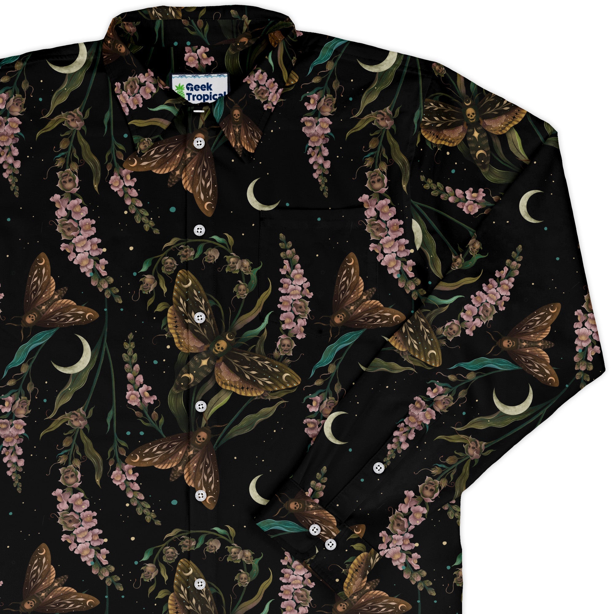 Episodic Death Moth Flow Long Sleeve Button Up Shirt Geek Nerd adult sizing Botany Print Design by Episodic