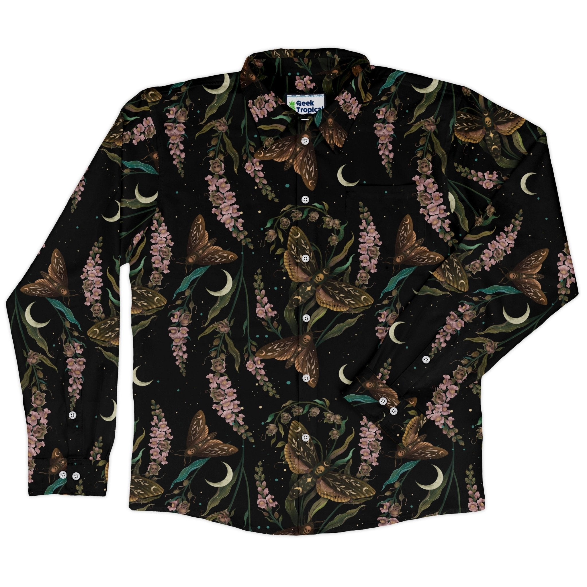 Episodic Death Moth Flow Long Sleeve Button Up Shirt Geek Nerd adult sizing Botany Print Design by Episodic