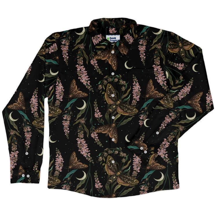 Episodic Death Moth Flow Long Sleeve Button Up Shirt Geek Nerd adult sizing Botany Print Design by Episodic