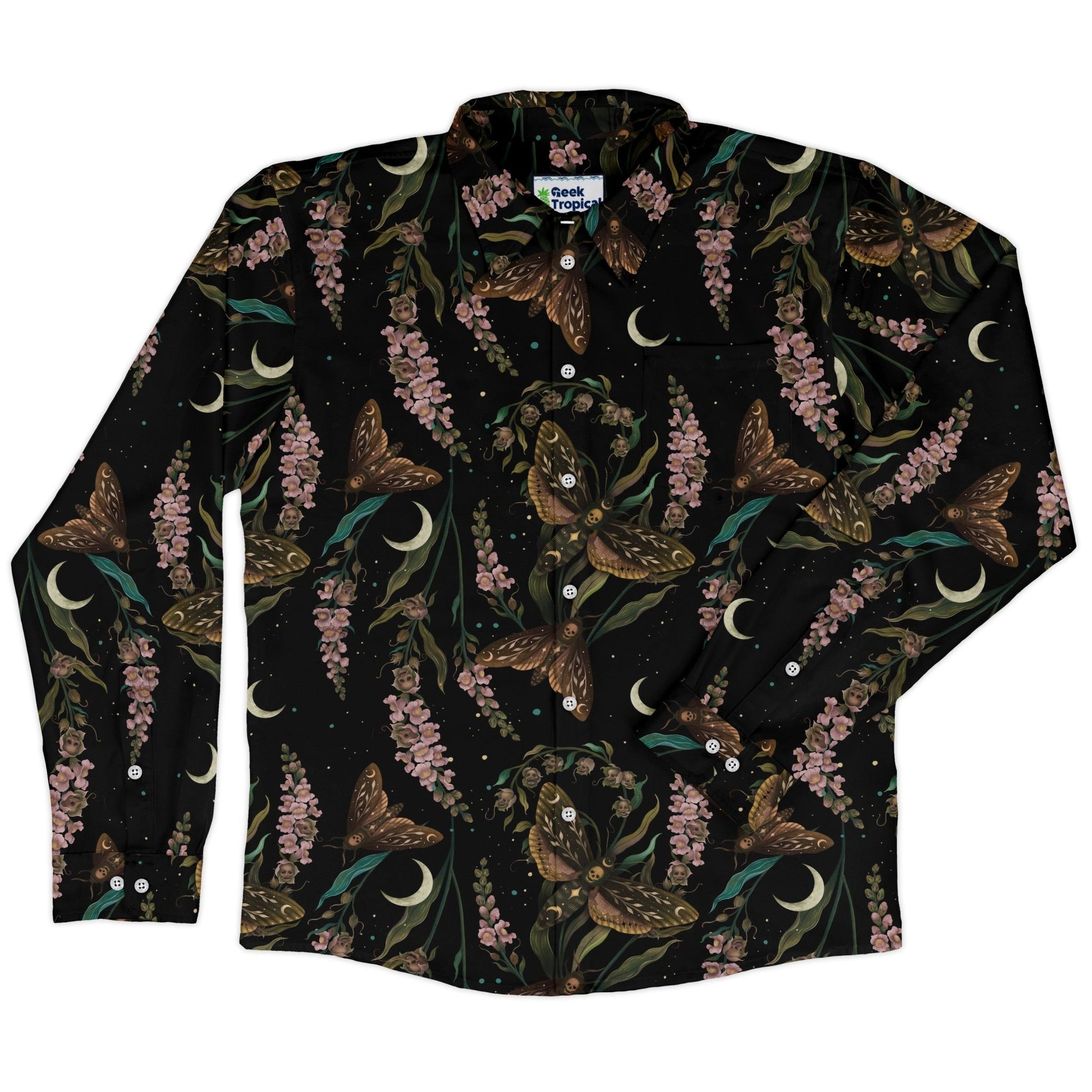Episodic Death Moth Flow Long Sleeve Button Up Shirt Geek Nerd adult sizing Botany Print Design by Episodic