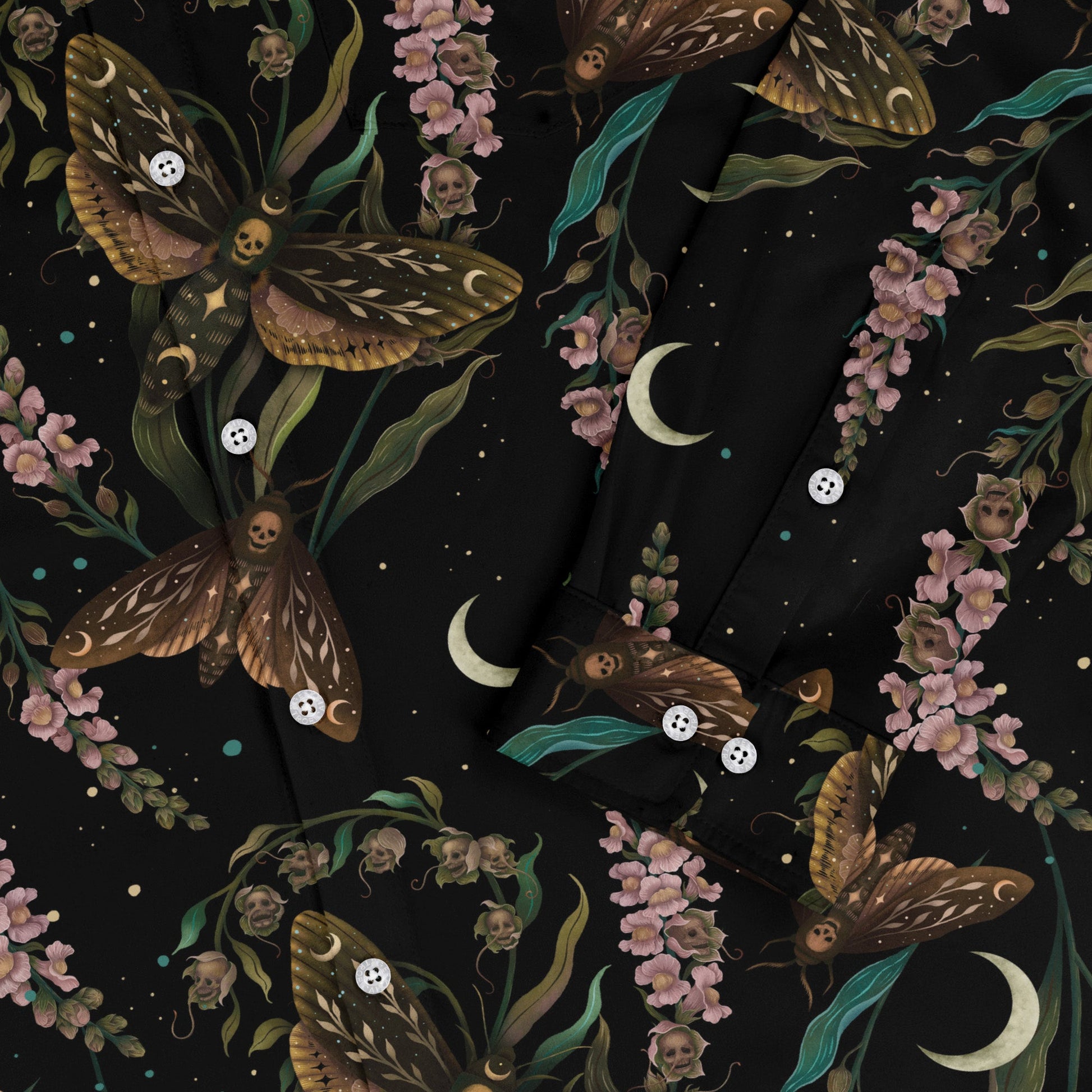 Episodic Death Moth Flow Long Sleeve Button Up Shirt Geek Nerd adult sizing Botany Print Design by Episodic