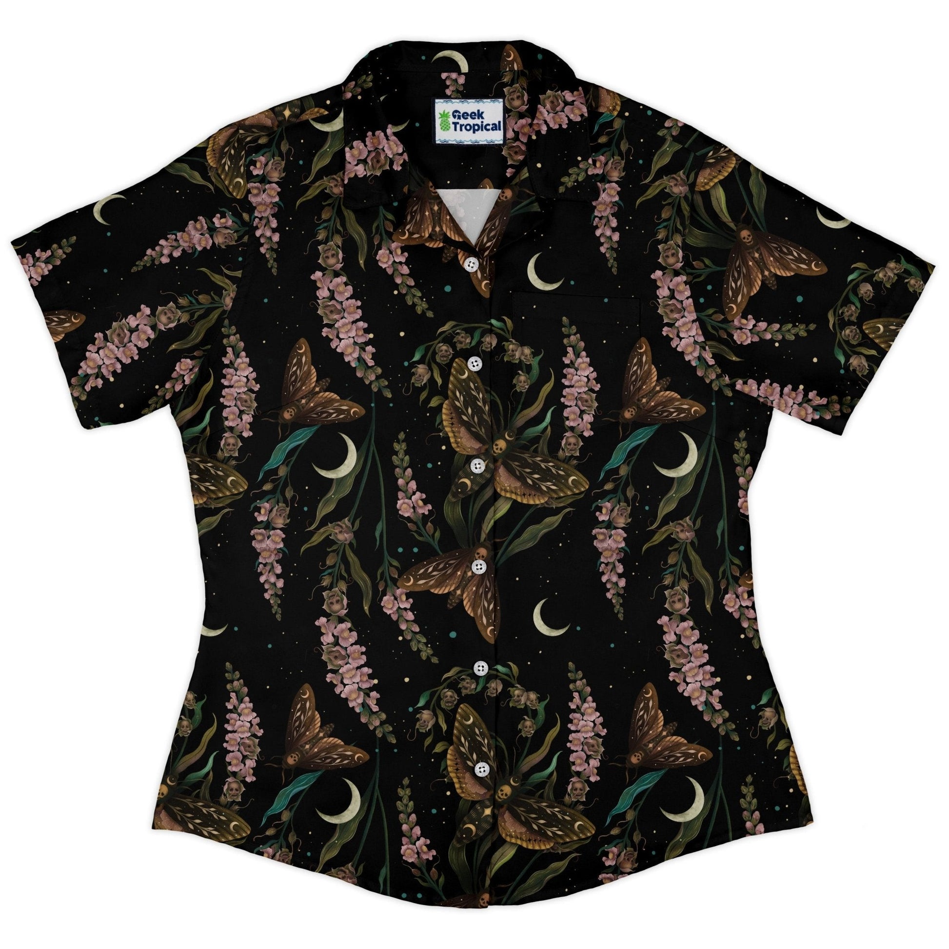 Clearance Ready - to - Ship Episodic Death Moth Flow Curvy Button Up Shirt Geek Nerd Botany Print Clearance Design by Episodic