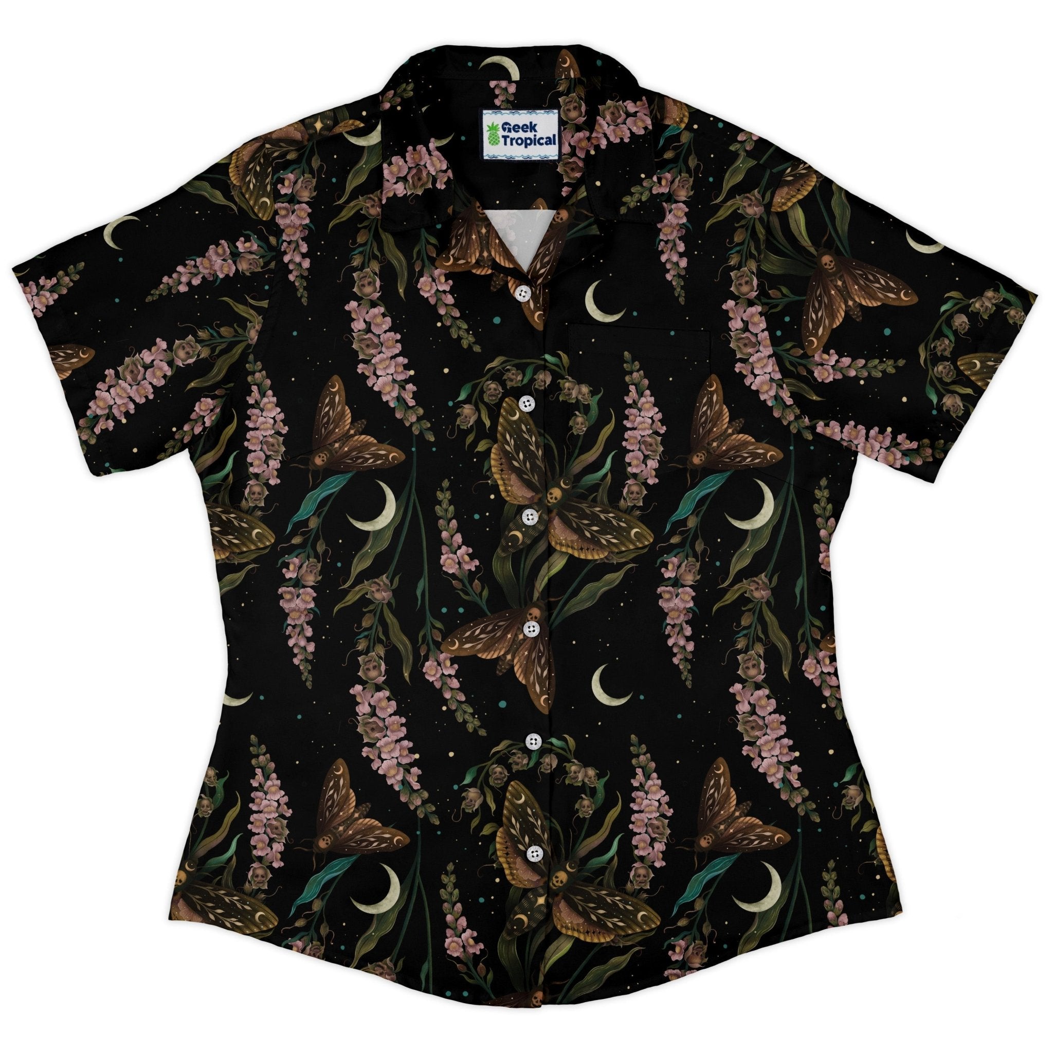 Episodic Death Moth Flow Curvy Button Up Shirt Geek Nerd Botany Print Design by Episodic women