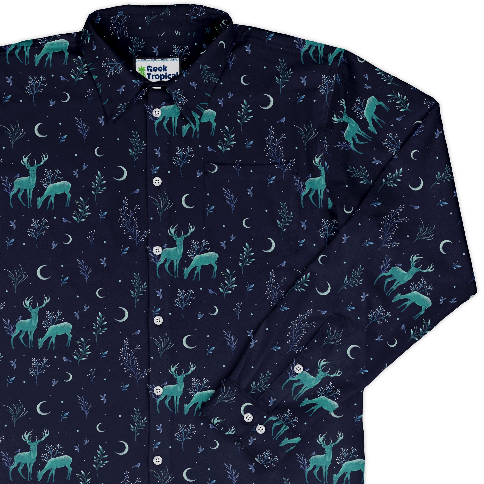 Episodic Deers in the moonlight Long Sleeve Button Up Shirt Geek Nerd adult sizing Design by Episodic FLOW DESC WRITING