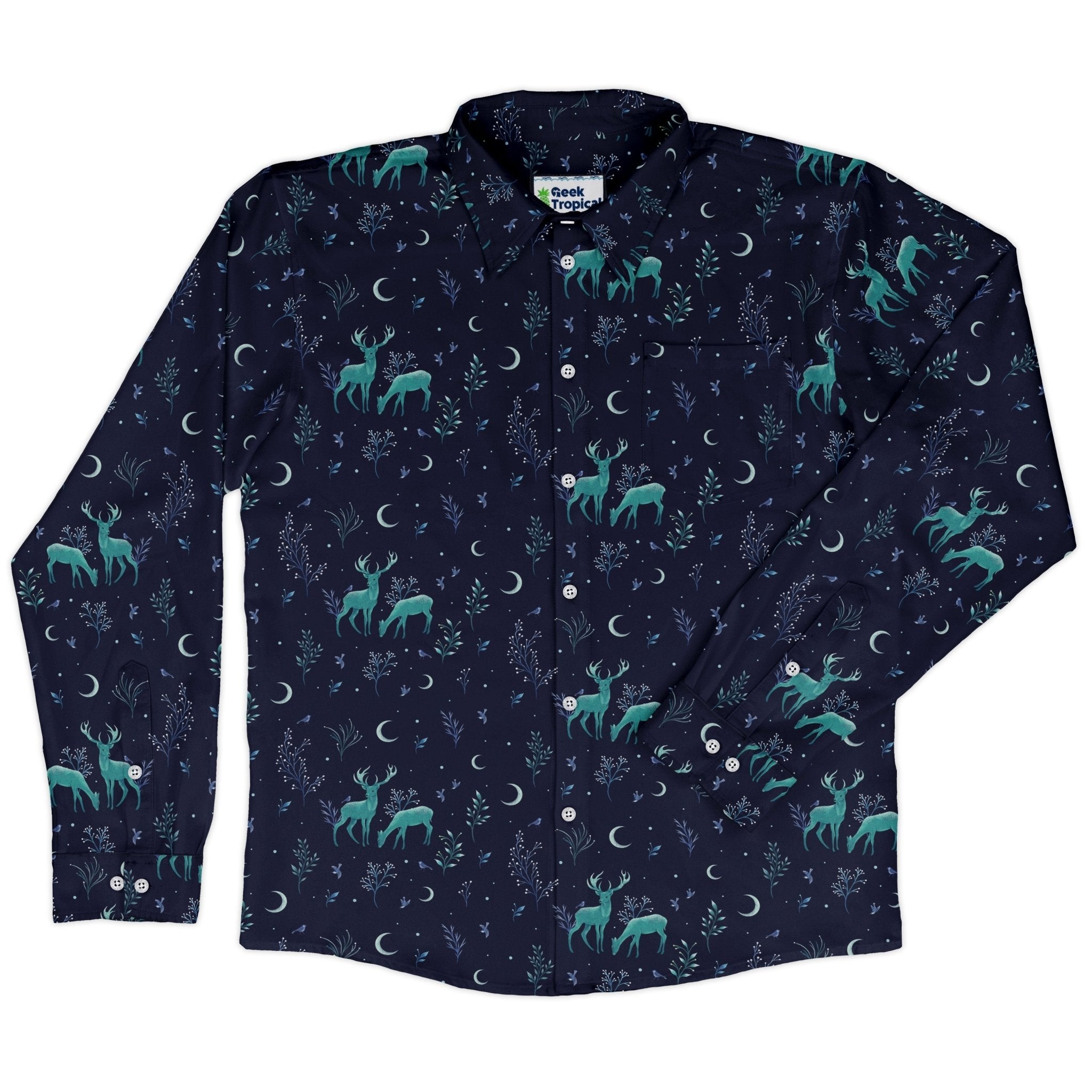 Episodic Deers in the moonlight Long Sleeve Button Up Shirt Geek Nerd adult sizing Design by Episodic FLOW DESC WRITING