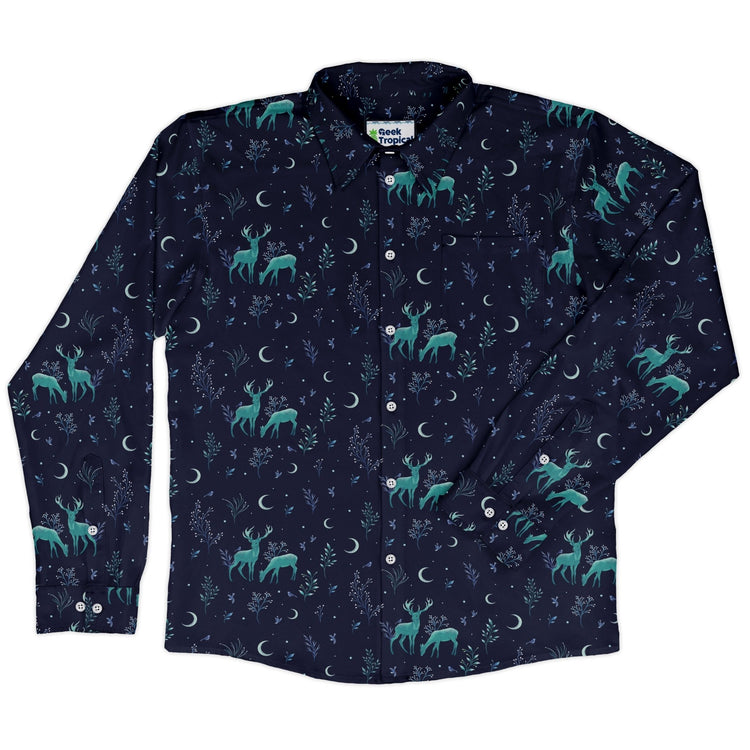 Episodic Deers in the moonlight Long Sleeve Button Up Shirt Geek Nerd adult sizing Design by Episodic FLOW DESC WRITING