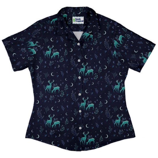 Episodic Deers in the moonlight Curvy Button Up Shirt Geek Nerd Design by Episodic outer space & astronaut print women
