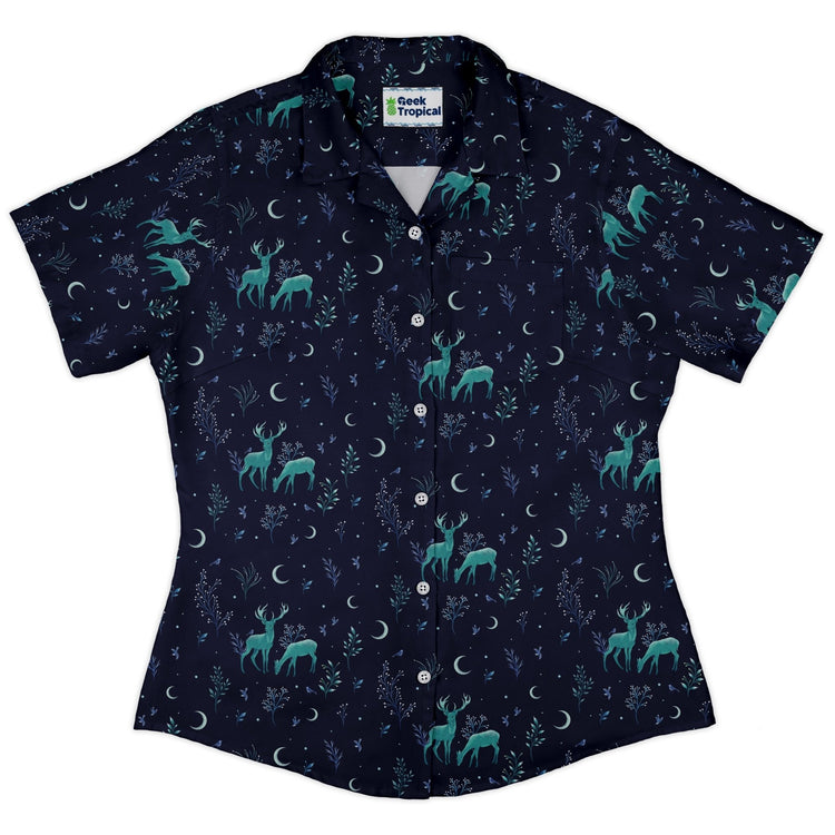 Episodic Deers in the moonlight Curvy Button Up Shirt Geek Nerd Design by Episodic outer space & astronaut print women