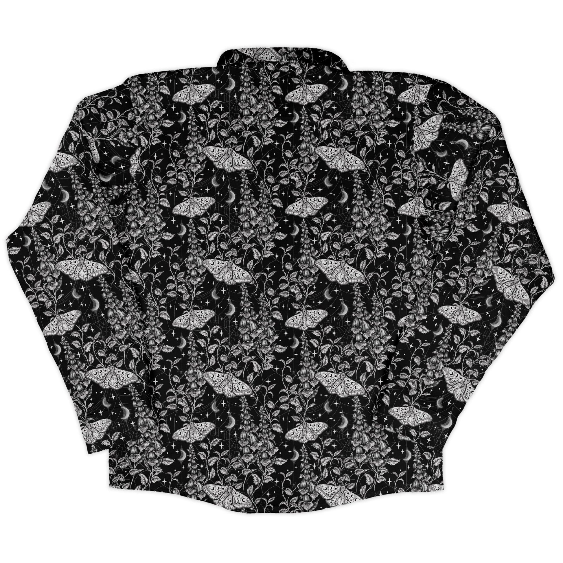 Episodic Moth Black White Night Long Sleeve Button Up Shirt Geek Nerd adult sizing Botany Print Design by Episodic