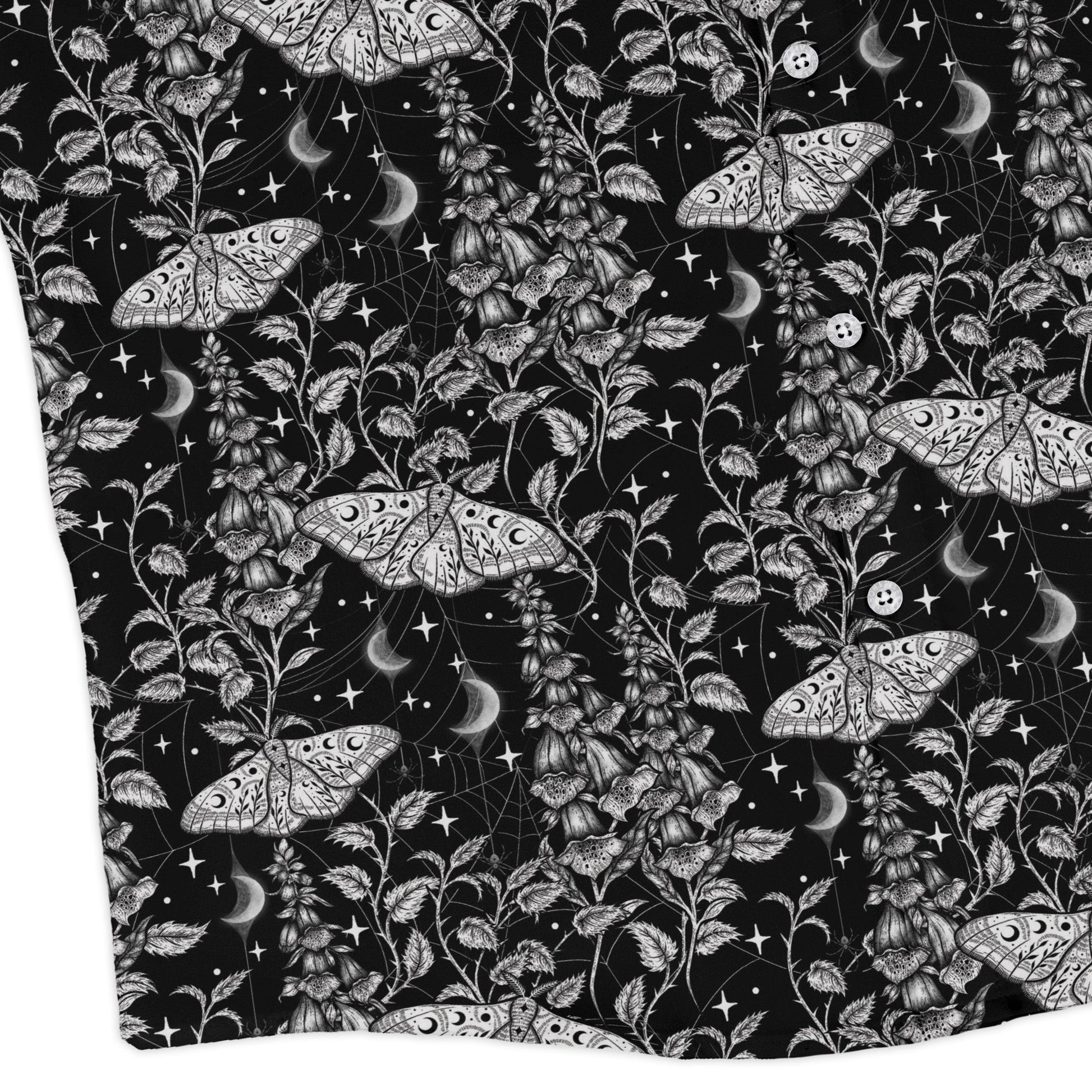 Episodic Moth Black White Night Long Sleeve Button Up Shirt Geek Nerd adult sizing Botany Print Design by Episodic