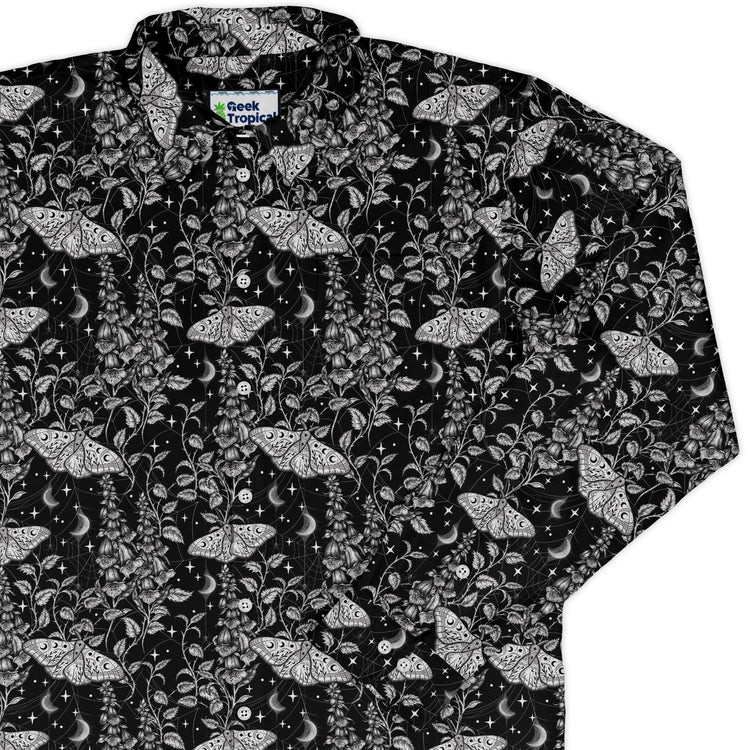 Episodic Moth Black White Night Long Sleeve Button Up Shirt Geek Nerd adult sizing Botany Print Design by Episodic