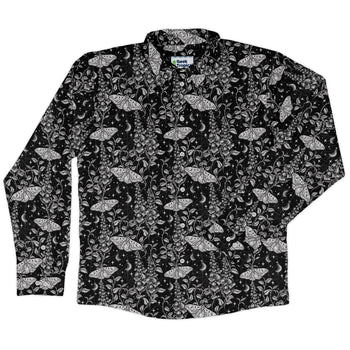 Episodic Moth Black White Night Long Sleeve Button Up Shirt Geek Nerd adult sizing Botany Print Design by Episodic