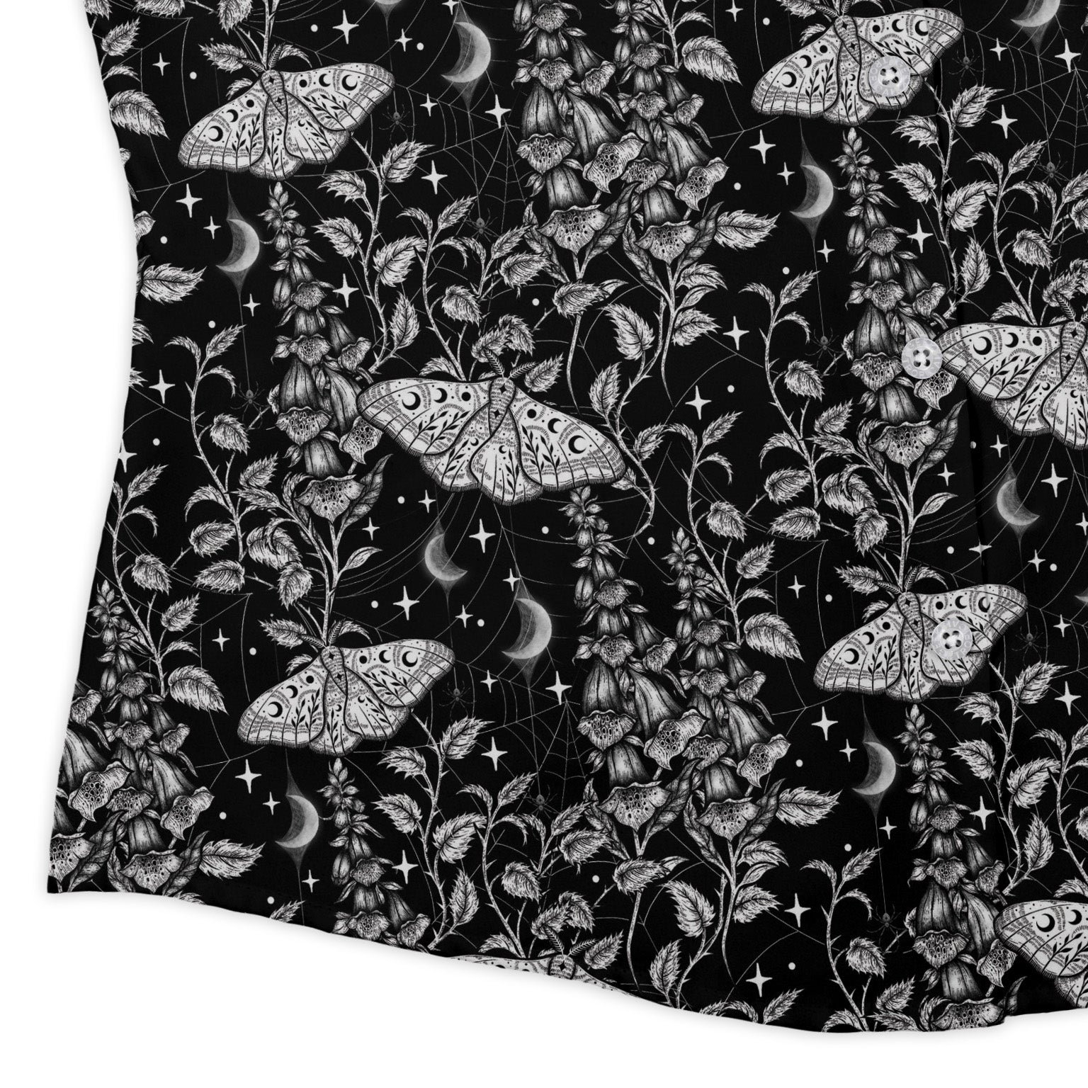 Episodic Moth Black White Night Curvy Button Up Shirt Geek Nerd Botany Print Design by Episodic women