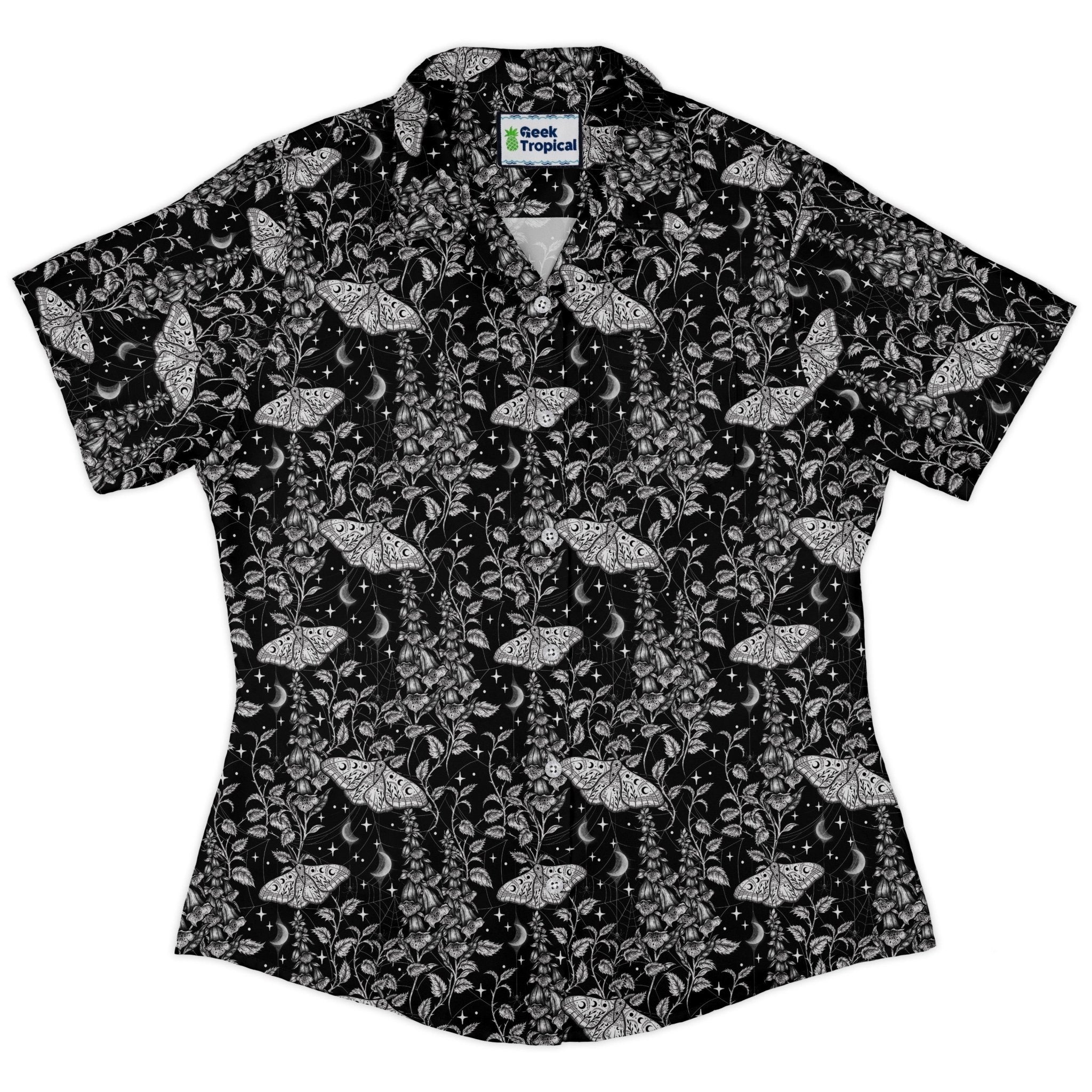 Episodic Moth Black White Night Curvy Button Up Shirt Geek Nerd Botany Print Design by Episodic women