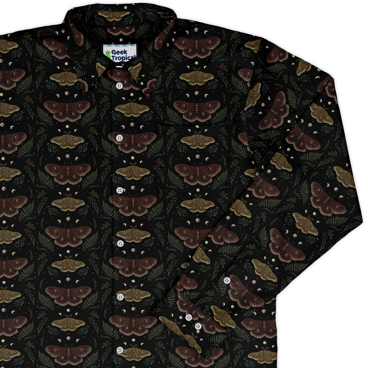 Episodic Moth Fall Long Sleeve Button Up Shirt Geek Nerd adult sizing Botany Print Design by Episodic