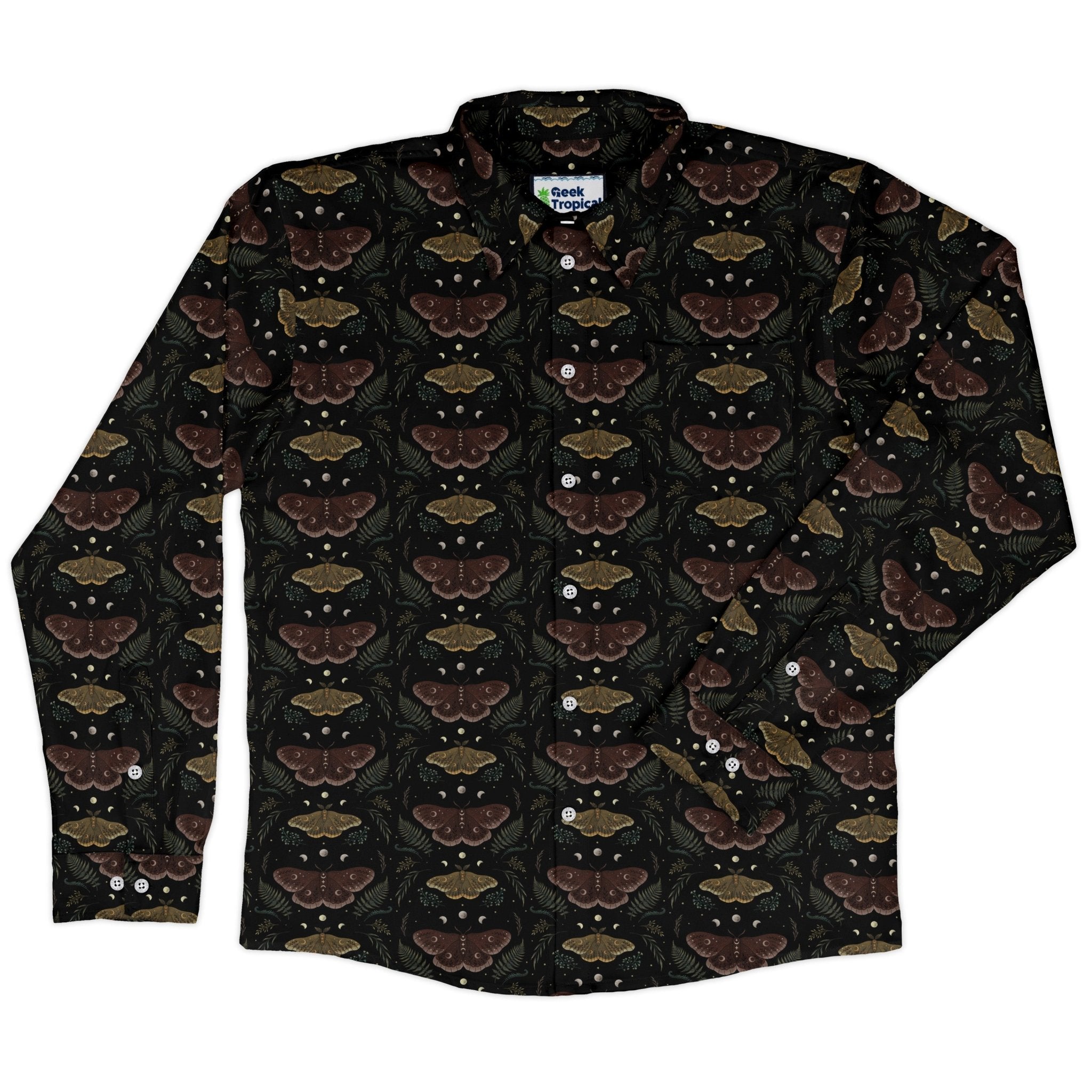 Episodic Moth Fall Long Sleeve Button Up Shirt Geek Nerd adult sizing Botany Print Design by Episodic