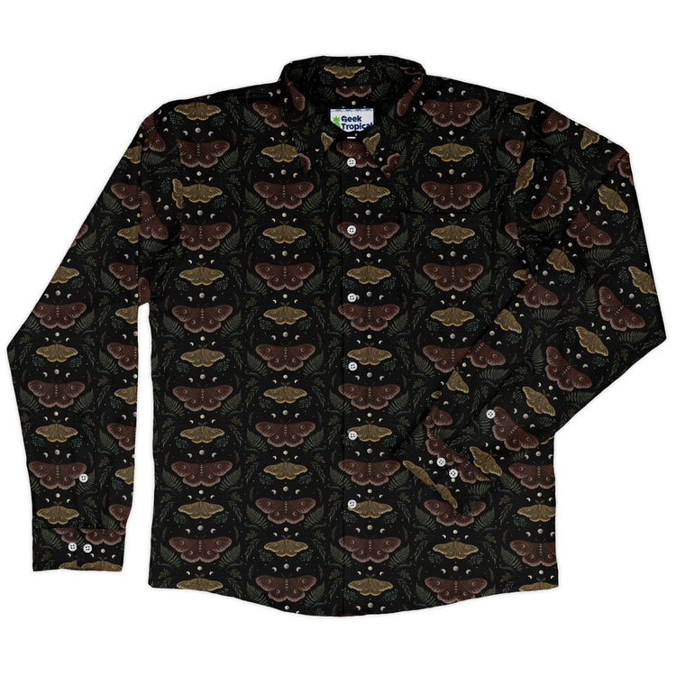 Episodic Moth Fall Long Sleeve Button Up Shirt Geek Nerd adult sizing Botany Print Design by Episodic