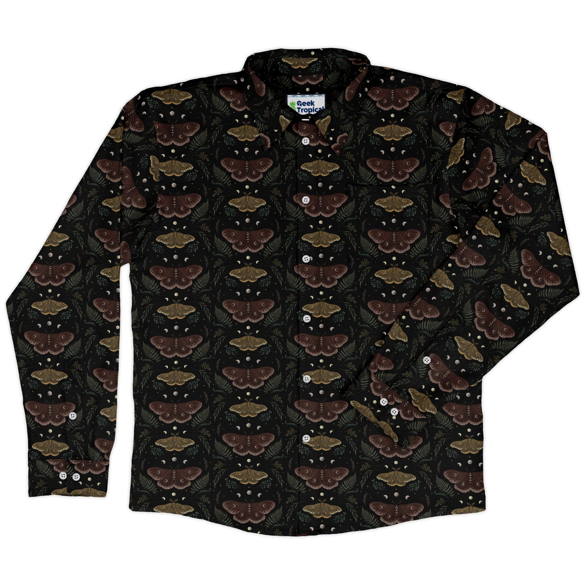 Episodic Moth Fall Long Sleeve Button Up Shirt Geek Nerd adult sizing Botany Print Design by Episodic
