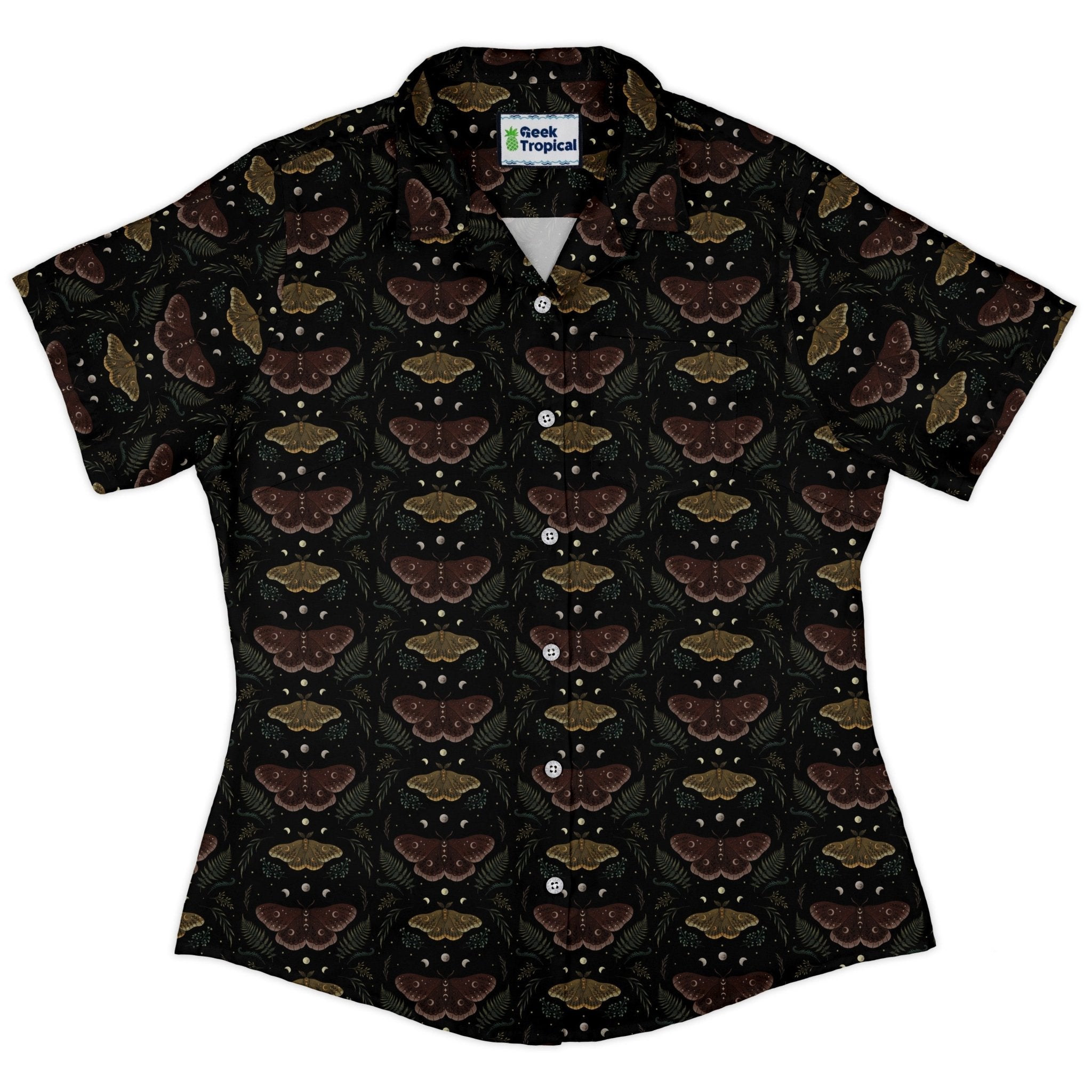 Episodic Moth Fall Curvy Button Up Shirt Geek Nerd Botany Print Design by Episodic women